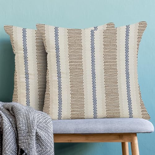 AEIOAE Brown Navy Blue Outdoor Pillow Covers 16 x 16 Inch, Beige Polka Dots Stripe Decor Throw Pillows for Couch Bed, Boho Modern Farmhouse Decorative Pillowcase Linen Cushion Cover Set of 2 - color: Brown Navy Blue Beige, size: 16" x 16" (Pack of 2)