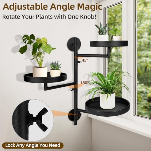 Rotating Window Plant Shelves with Adjustable Knobs, 3 Tiers Metal Wall Shelf for Plants Indoor, Sturdy Hanging Plant Holder, Window Wall Decor & Gardening Gifts (Black)