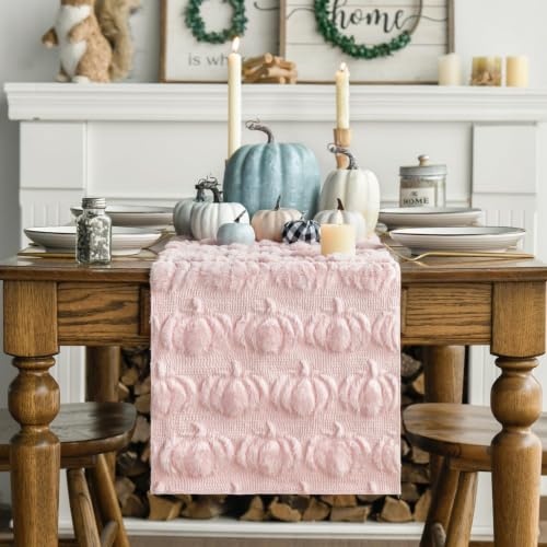 Artoid Mode Pink Soft Faux Fur Pumpkins Fall Table Runner 13x90 Inch - color: Pink, size: 13" x 90", Table Runner