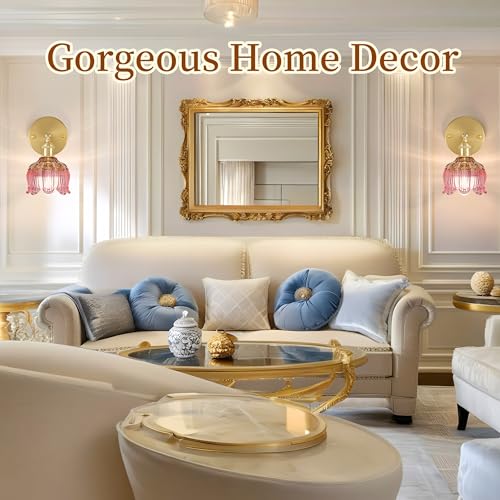 Battery Operated Wall Sconces Set of 2, Green Tulip Glass Wall Lights | Rechargeable flower wall lamps with remote control, 15 colors, 10-level dimming and timer for bedroom and living room - color: Flower Pink