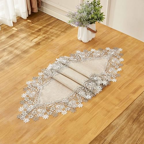 Natural Beige Floral Lace Table Runner Dresser Scarf (16” x90”) - size: 16” x90”