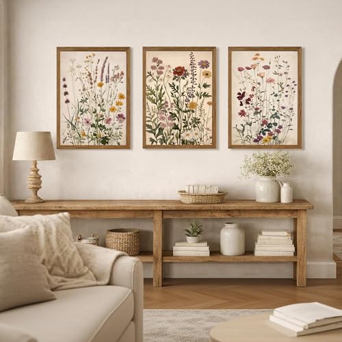 WRFON Botanical and Flower Canvas Wall Art, Framed Wildflower Wall Art Set of 3, Vintage Meadow Flower Canvas Prints, Cottagecore Floral Decor for Living Room Bedroom Bathroom Farmhouse Home, 16x24 - color: Vintage Wildflower(Framed), size: 24"L x 16"W