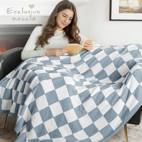 Exclusivo Mezcla Checkered Knit Blanket Twin Size for Bed, Stone Blue - color: Stone Blue, size: Twin (60"x80")