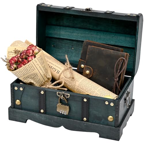 Vintage Wooden Treasure Chest Decorative Box with Lock,Mystic Teal - color: Mystic Teal, size: 12.2" x 7.1" x 7.1"