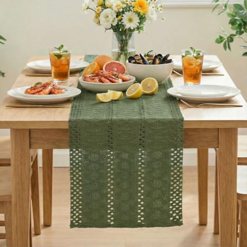 Artoid Mode Army Green Woven Farmhouse Hollow Table Runner 12x36 Inch - color: Army Green, size: 12" x 36", Table Runner