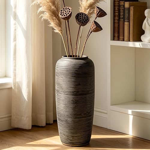 Brown Rustic Ceramic Floor Vase, 15.7 Inch, Ribbed Texture - size: 15.7 Inch