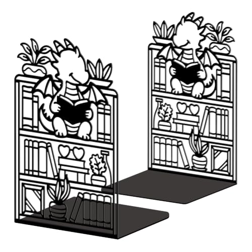 Peacoblue 5.3"x4.3"x7.9" Metal Bookends, Heavy Duty Book Ends for Shelves - style: Dragon with Bookshelf