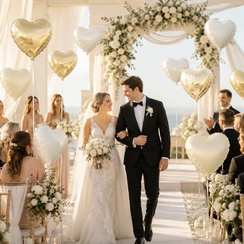 Cream White Gold Heart Foil Balloons,12Pcs 18Inch Heart Shaped Balloons - color: Cream White Gold