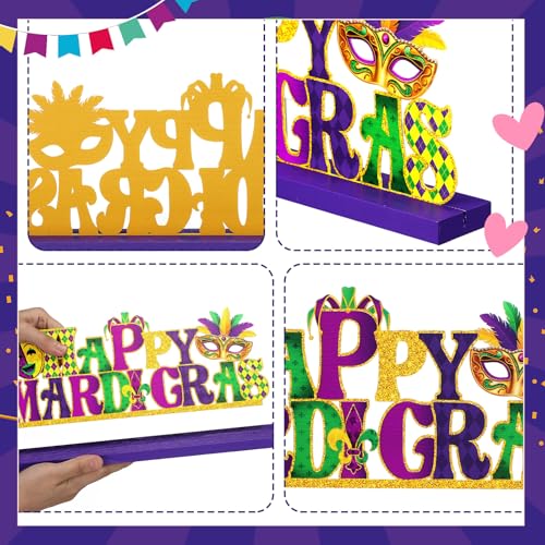 MiniInflat Happy Mardi Gras Metal Sign Carnival Table Decor New Orleans Tiered Tray Decor with Wooden Base Freestanding Metal Word Sign for Home Tabletop Centerpiece Mantel Shelf Fireplace - style: Happy Mardi Gras