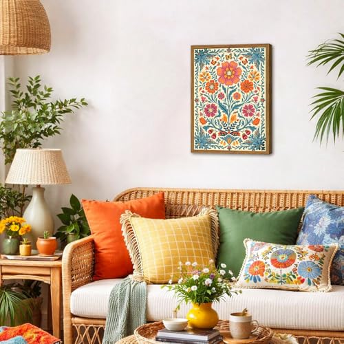 Framed Vintage Mexican Floral Canvas Wall Art, Colorful Folk Flower Wall Decor Pictures, Boho Botanical Painting Prints Rustic Home Decor for Living Room Bedroom 16x24 inch - color: Mexican Floral, size: 24"L x 16"W