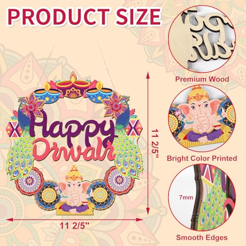 Wood Wreath for Front Door Porch Window Wall Hanging Decor (Diwali) - style: Diwali