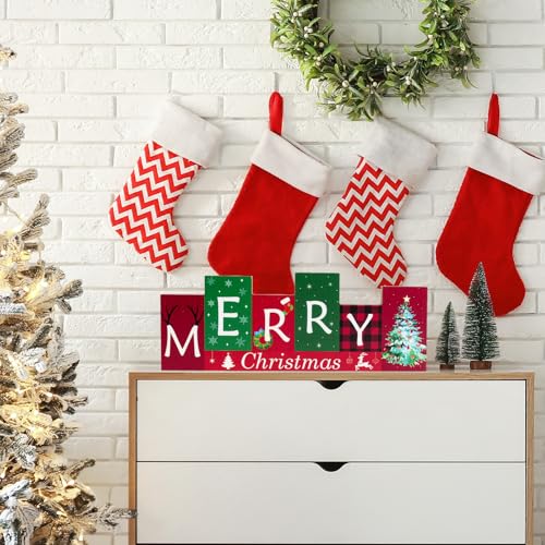 Christmas Table Decorations Wooden Winter Table Centerpieces Merry Christmas Reversible Double-sided Pattern Sign Standing Tabletop Merry for Holiday Office Desk Party Shelf Farmhouse