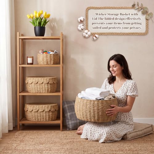 Newtay 3 Pcs Large Scalloped Wicker Rattan Storage Baskets with Lid