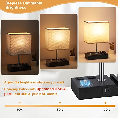 Bedside Table Lamp for Bedroom Nightstand - Stepless Dimmable, 2 AC Outlets - color: Wood Grain, size: 1 Pack