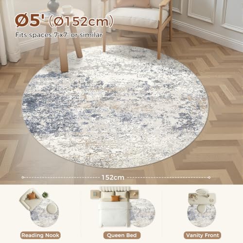 DMOYEST 5ft Round Area Rug Living Room Rugs - 5x5 Washable Large Soft Indoor Neutral Modern Abstract Low Pile Rug Carpet for Bedroom Dining Room Farmhouse Home Office - Beige Blue - color: Beige Blue, size: 5' (Round)