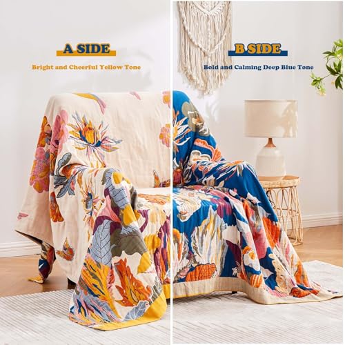 XIBLC Boho Throw Blanket, 100% Cotton Ultra Soft Luxury Throw Rustic Quilt, 50"x60" Floral Bird Butterfly Farmhouse Decor Bed Blankets, All Season Rustic Reversible Bohemian Throw for Bed - Yellow - color: Flowers Butterfly Yellow, size: 50x60 Inch