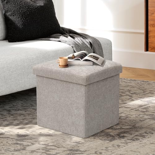 Athena Collection 15" Storage Ottoman Bench Folding Bench with 40L Hidden Storage, Small Cube Ottoman Linen Foot Rest Stool Chest with Flipping Lid for Living Room, Bedroom, Entryway, Sandy Beige - color: Sandy Beige, style: 15" Linen