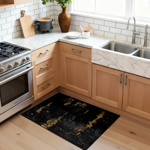 RELEANY Washable 2'x3' Abstract Area Rug for Living Room Black Gold - color: Black/Gold, size: 2' x 3' (Rectangular)