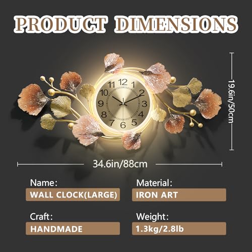 Modern 35''x20'' Metal Wall Clock Featuring a Silent Movement and Creative Ginkgo Leaf Design Living Room, Bedroom, or Office Decor - size: 19''Lx35''W