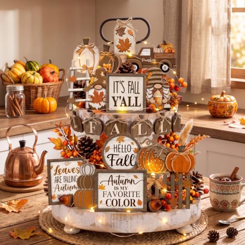 Shellwei 20 Pcs Fall Tiered Tray Decor Set, Thanksgiving Wooden Table Sign - style: Pumpkin