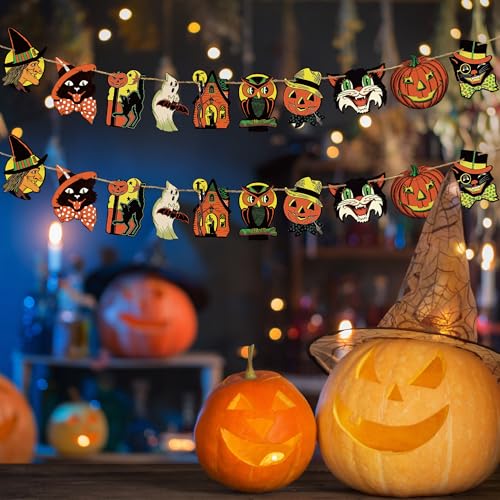 L1rabe Vintage Halloween Hanging Banners - Retro Wooden Hanging Ornaments