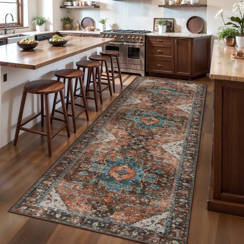Ciicool Long 3x8ft Non-Slip Back Washable Runner Rugs for Hallways Bedside - color: Brick Red/Dull Teal, size: 3' x 8' (Runner)