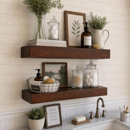 foxsky 16 Inch Walnut Floating Shelves for Wall, Solid Wood Bathroom Shelf - color: Walnut, size: 16 inch
