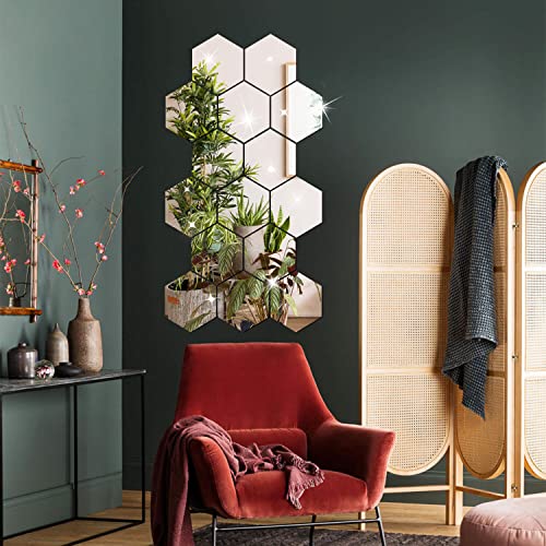 DIY Wall Decals Acrylic Mirror Sticker Set 12 Pcs, Hexagon Mirror Wall Stickers for Living Room Bedroom Decor (Silver) - color: Silver, size: 20*17*10cm