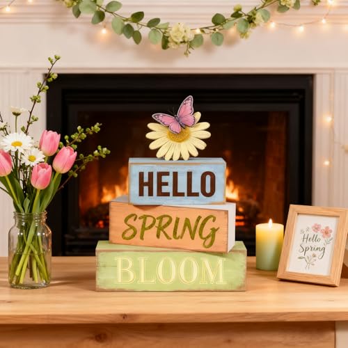 Spring Decoration Wooden Tiered Tray Decor – Rustic Hello Spring Bloom Stacked Block Sign with Butterfly Daisy Topper – Farmhouse Tabletop Spring Decor for Living Room Shelf Kitchen Coffee Bar Seasonal Home Display - style: Butterfly