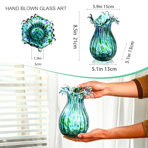 Green Glass Bubble Vase for Flowers, 8.5" Blown Glass Vase for Home Decor - color: Green Bubble