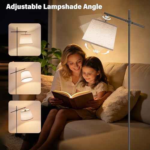 SIBRILLE Floor Lamp with Linen Shade, Dimmable Tall Standing Lamp with Remote Control & 3 Color Temperatures Bulb, Modern Swing Arm Floor Lamps for Living Room Bedroom Office Corner - color: Beige