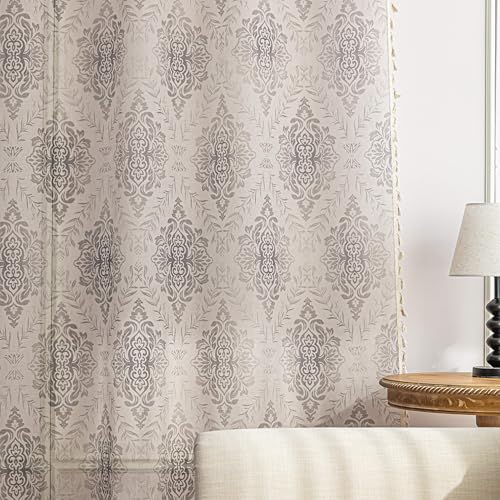Khaki Geometric Sheer Curtains 63 inch Long, Fringed Edges and Textured Semi Sheer Curtains Large Window Treatments for Living Room/Bedroom, 2 Panels - color: Khaki Geometry, size: 52"W x 63"L (Pack of 2)