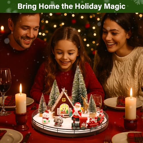 AMH 12-Piece Christmas Village Table Decor Set with Oak Rotating Base
