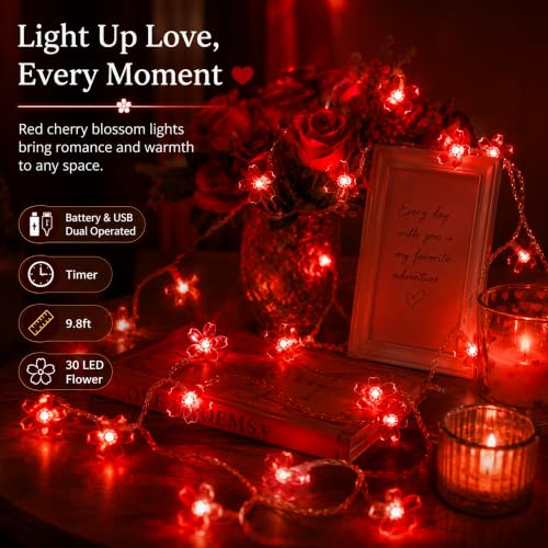 30 LED Red Flower Fairy Lights, Battery/USB Operated, Romantic Floral Decor - color: Red