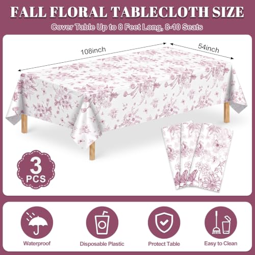 NatNarr 3 Pcs Burgundy Floral Plastic Tablecloths, Fall Party Tablecloth - color: Burgundy Floral