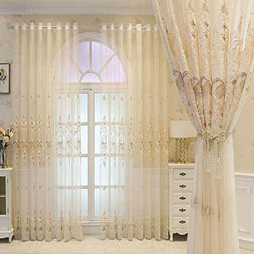 Amidoudou 1 Pair European Embroidered Tulle Curtains for Living Room Bedroom Luxury Translucent Curtain (Beige,51x102 Inch) - color: Beige, size: 51"W x 102"L (Pack of 2)