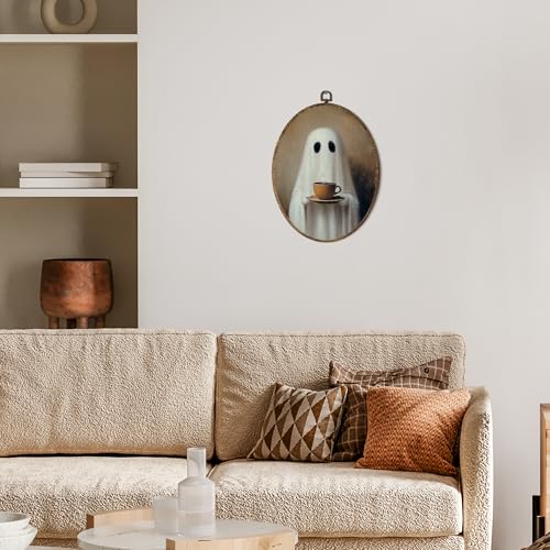 OINDADE Halloween Ghost Coffee Oval Wall Art Decor, Fall Spooky Coffee Ghost Wall Art Hanging Decor, Halloween Fall CoffeeLovers Framed Canvas Artwork for Kitchen Living Room Home, 8.8x11.5in - color: Color-6