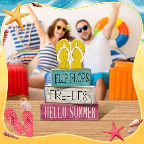 Yuntau 4 Pcs Summer Table Decorations Wood Block Sign Tiered Tray Decor - style: Flip Flops