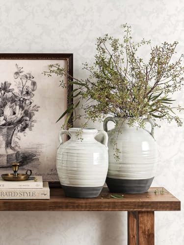 Large White Ceramic Vase with 2 Handles, 11.3 Inch, Farmhouse Rustic - color: Winnie - Aurora White, size: L(10.8"-11.8")
