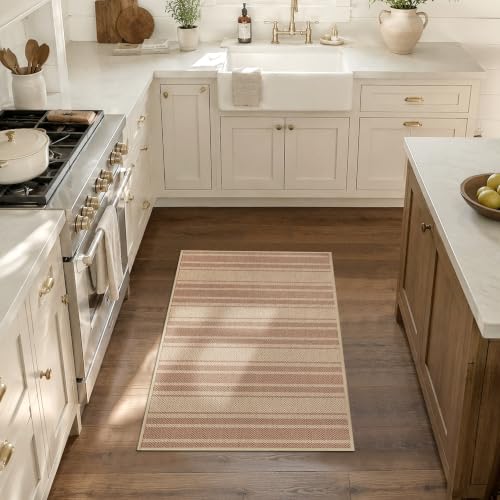 Easy Jute Kitchen Rug 2x3 Front Door Mat Washable Non Slip Entryway Rug Farmhouse Neutral Low Pil Carpet for Entryway Proch Doorway - color: Khaki/Striped, size: 2'*3'(Rectangular)