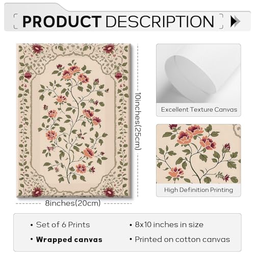 Indian Wall Art Vintage Floral Canvas Poster India Wall Decor Folk Flower Prints Scandinavian Pictures Antique Botanical Painting Gallery Artwork for Bedroom Living Room 8x10x6 Inch Ready to Hang - color: Indian Floral Prints, size: 8"x10" Wrapped Canvas