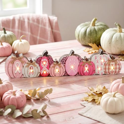 Yousoontic Breast Cancer Awareness Table Decorations, Light up 3D Wooden Pumpkin Table Centerpiece, LED Pink Ribbon Pumpkin Decor, Rustic Farmhouse Sign for Pink October Fall Mantel Desk Home Party - style: Breast Cancer Awareness