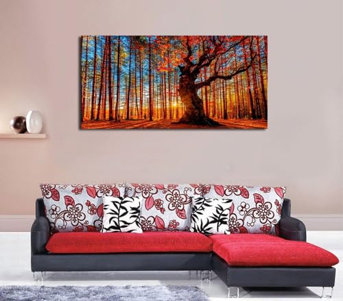 Large Forest Sunset Wall Art, Red Leaf Trees Landscape Picture, 29" x 58" - color: Autumn Forest Sunset, size: 58"L x 29"W