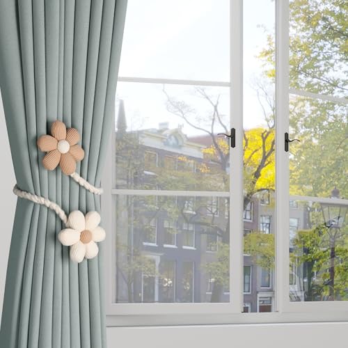 Meplait 2 Pack Flower Curtain Tiebacks, Boho Curtain Holdbacks, Beige&Khaki - color: B Flower-beige & Khaki