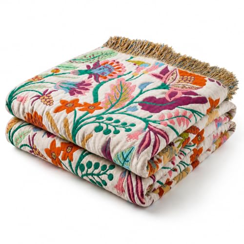 Boho Throw Blanket, 100% Soft Cotton Floral Quilt, King 90"x 98" - color: Lavender Purple Flowers, size: King 90"x98"