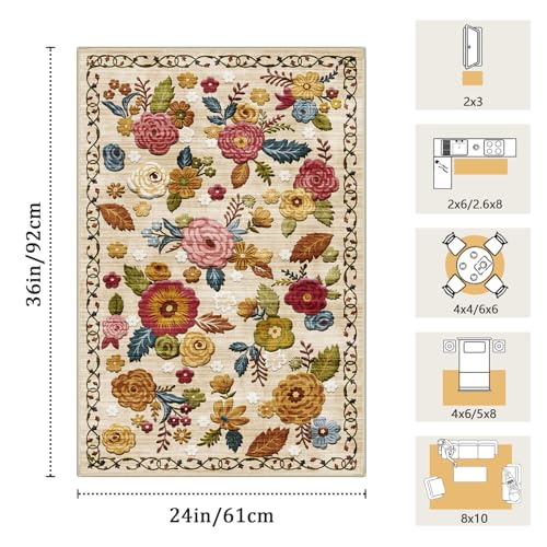 Washable 2x3 Small Area Rug, Beige Boho Floral Non-Slip Entryway Door Mat - color: Beige, Cream, Mustard, Brick Red and Blue, size: 2' x 3' (Rectangular)