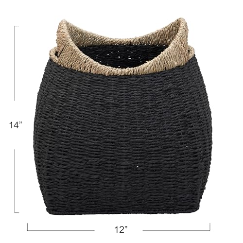 Household Essentials Handled Seagrass Basket Decorative Storage Organizer with Sturdy Metal Frame, Natural and Black Finish - color: Black