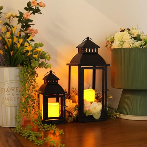 LED 랜턴 장식 야외 및 실내, 2개 세트 (43.2cm(17인치) 및 27.9cm(11인치)) 대형 블랙 메탈 랜턴 장식, 브론즈 브러시 포함, 현관, 파티오, 정원, 발코니, 웨딩 장식용 캔들 홀더(유리 없음) - color: 블랙 브러시 포함 / 43.2cm(17인치)+27.9