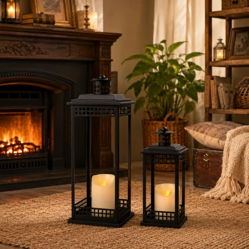 2 Pcs Decorative Lanterns Indoor, Black Lanterns with Candle for Home Decor - size: 17in and 11in