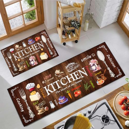 Kitchen Mats for Floor 2 Piece Set,Farmhouse Brown Kitchen Rug Vintage Style Theme Decor,Absorbent Washable Non-Slip Floor Mats 17"x47"+17"x30" - color: Brown B